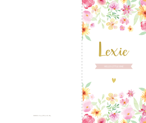 Vrolijk meisjes geboortekaartje met bloemen en foliedruk