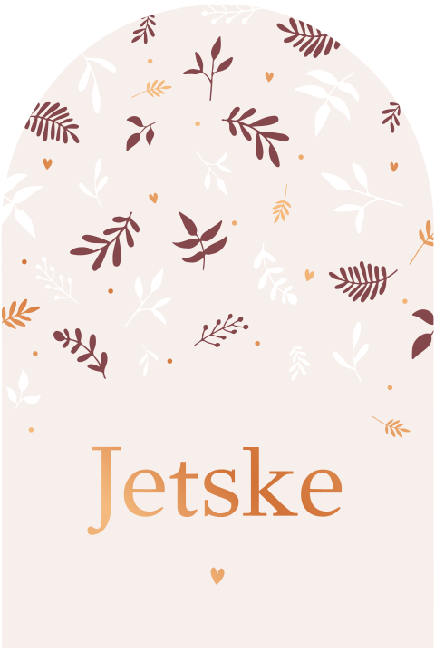 Geboortekaartje met boogvorm, takjes en koperfolie