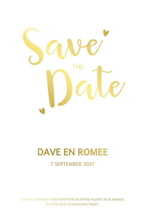 Witte save the date kaart met gouden foliedruk en gouden tekst