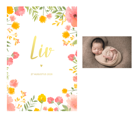 Rechthoekig geboortekaartje met los fotootje en bloemen