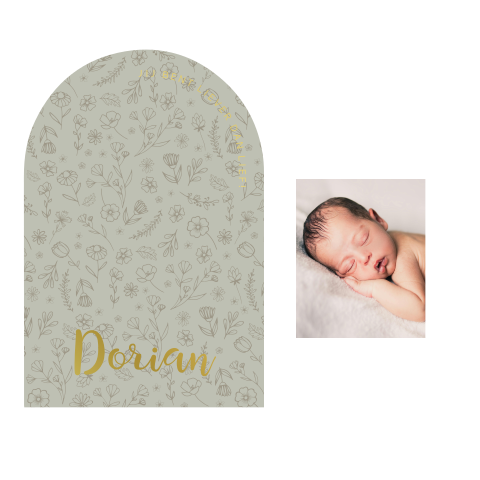 Boogvorm geboortekaartje met getekende print en losse foto