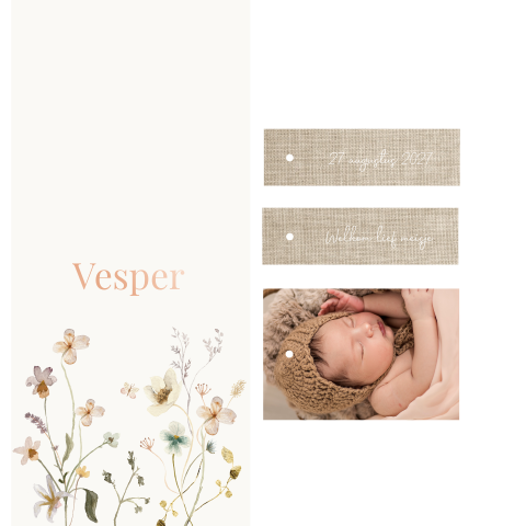 Geboortekaartje bloemen met losse labels, foto en foliedruk