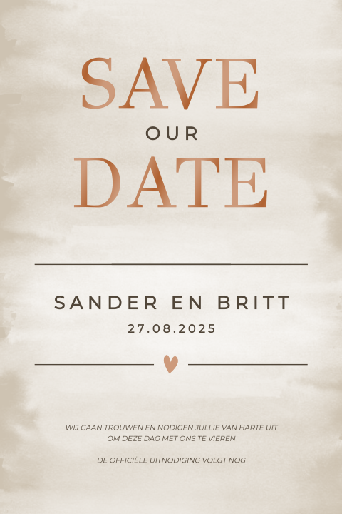 Save the date kaartje met zandkleur, waterverf en foliedruk