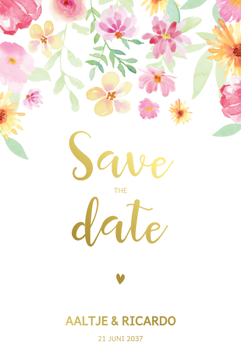 Save the date kaart met bloemen en goudfolie op kalkpapier
