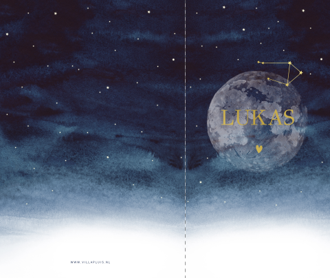 Jongens geboortekaartje met smalle voorkant en maan met sterrenbeeld