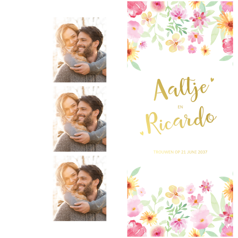 Langwerpige trouwkaart met bloemenprint, foliedruk en fotostrip