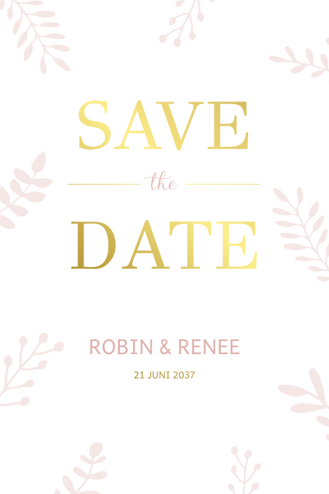 Witte save the date met lichtroze takjes en goudfolie