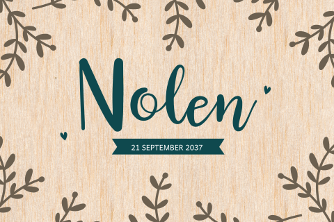 Geboortekaartje op echt hout met takjes en ronde hoeken