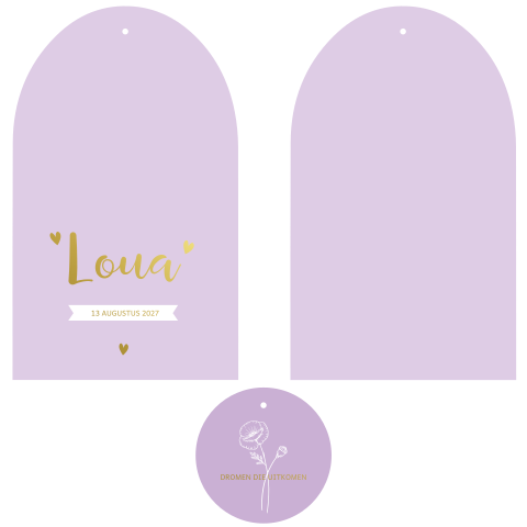Lila boogvorm geboortekaartje met label