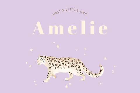 Liggend geboortekaartje met ronde hoeken en een panter