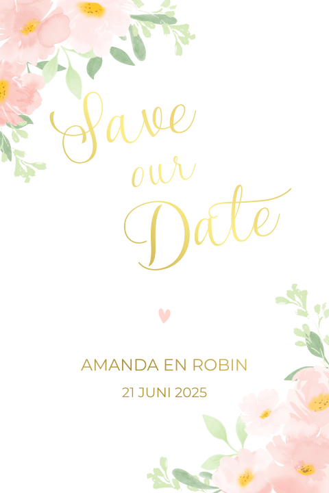 Lief save the date kaartje met waterverf bloemen en foliedruk