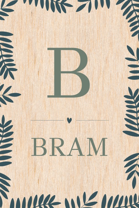 Houten geboortekaartje met takjes en initiaal