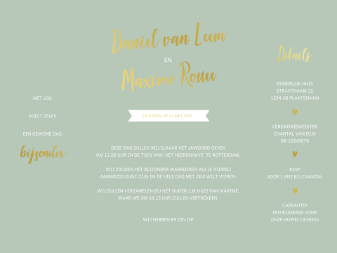 Uniek luikvouw trouwkaart met foto en goudfoliedruk