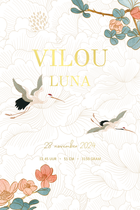 Geboorteposter kraanvogels wit met Japanse bloemen