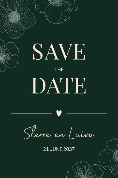 Enkele save the date met ronde hoeken en getekende bloemen