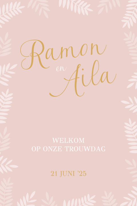 Roze welkomstbord met blaadjes en takjes