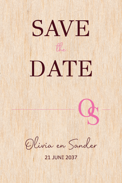 Save the date kaart op echt hout
