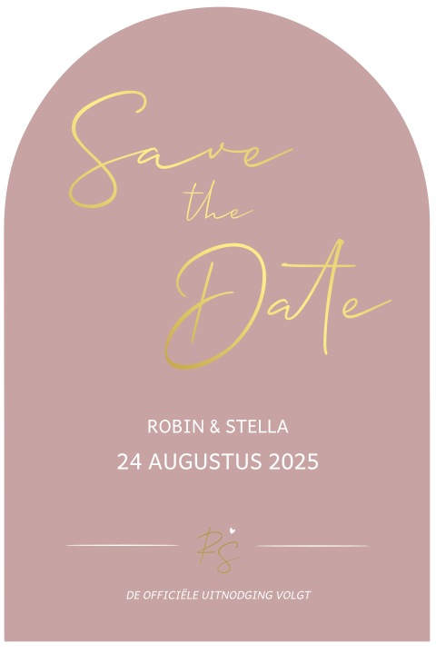 Save the date kaartje met boogvorm, foliedruk en eigen logo