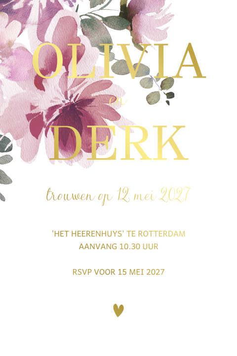 Trouwkaart op kalkpapier met kleurige bloemen en foliedruk