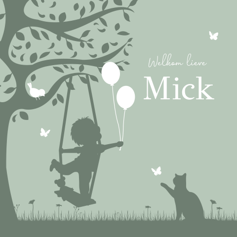 Vierkant geboortekaartje met jongetje op schommel