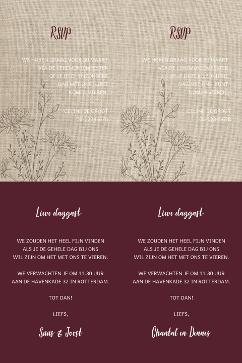 Losse DIY labels bij trouwkaart met getekende bloem