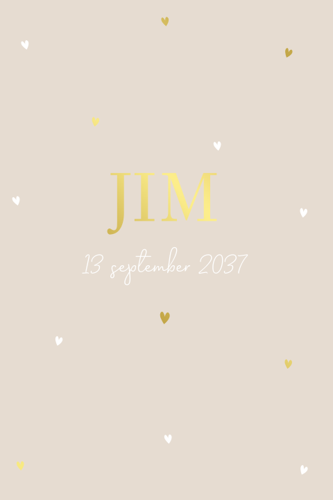 Lief staand neutraal geboortekaartje met hartjes en foliedruk