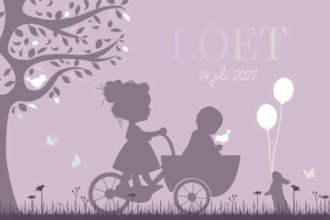 Silhouette geboortekaartje lila met zus en bakfiets