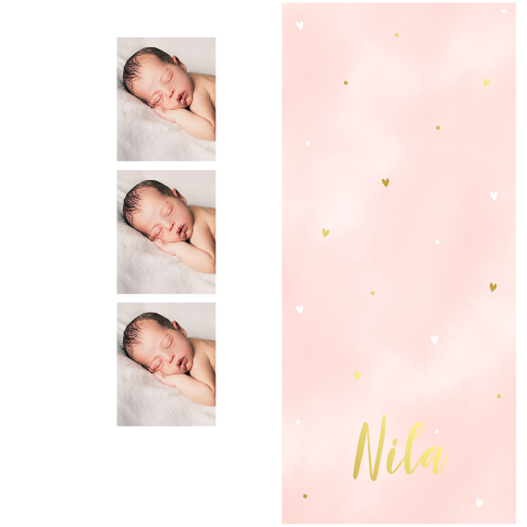 Geboortekaartje met losse fotostrip en goudfolie voor meisjes