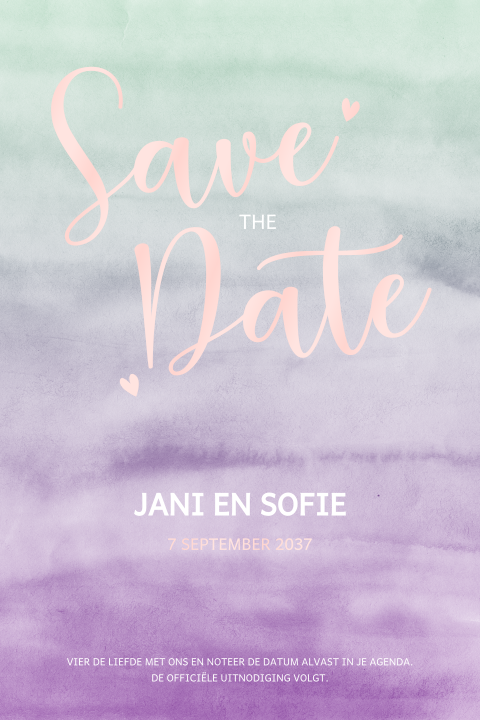 Vrolijke save the date kaart met hoogglans en hartjes