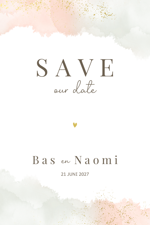 Save the date kaartje met roze en grijsgroene waterverf