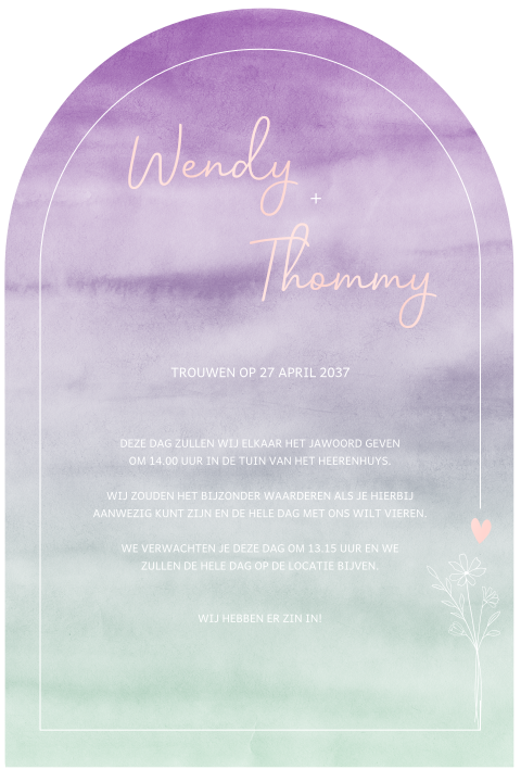 Trouwkaart met boogvorm, bloemen en hoogglans