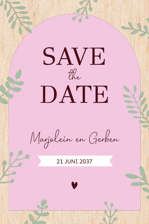 Save the date kaartje met getekende takjes op echt hout
