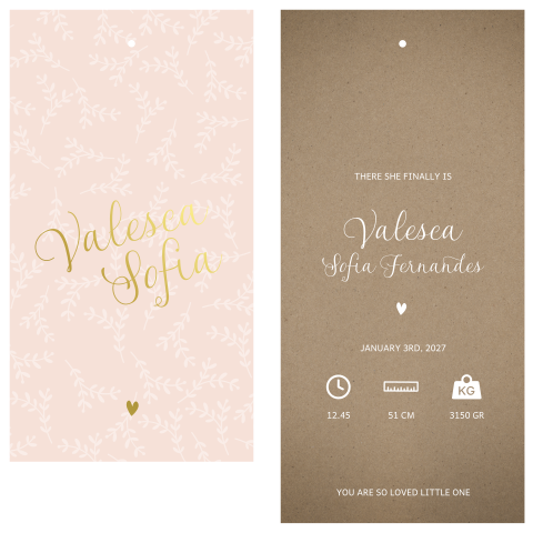 Geboortelabel langwerpig met kraftlook en goudfoie