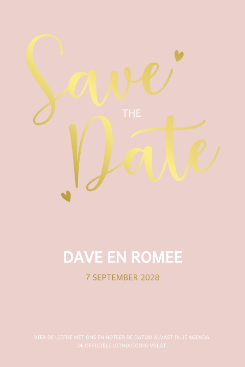 Roze save the date kaart met gouden foliedruk en hartjes