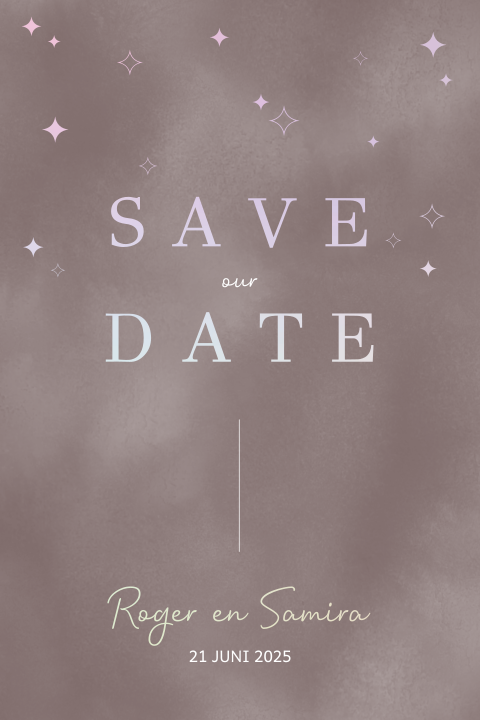 Neutraal save the date kaartje met holografische folie en sterren