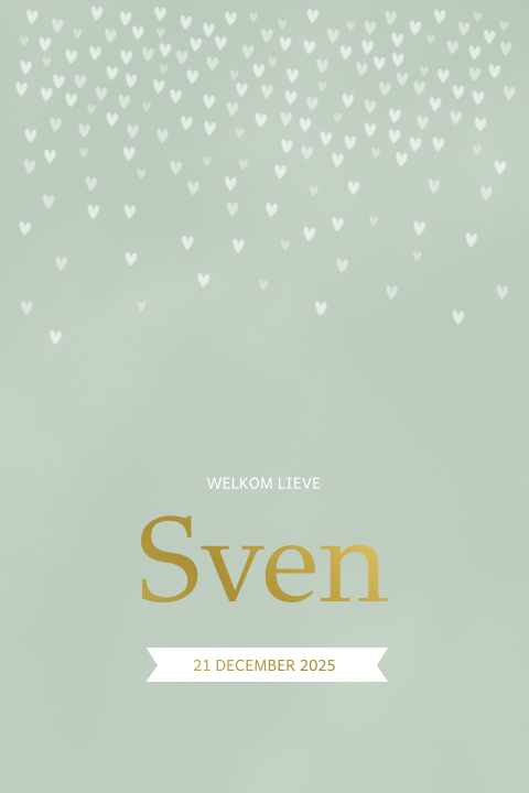 Geboortekaartje met ronde hoeken, hartjes en goudfolie