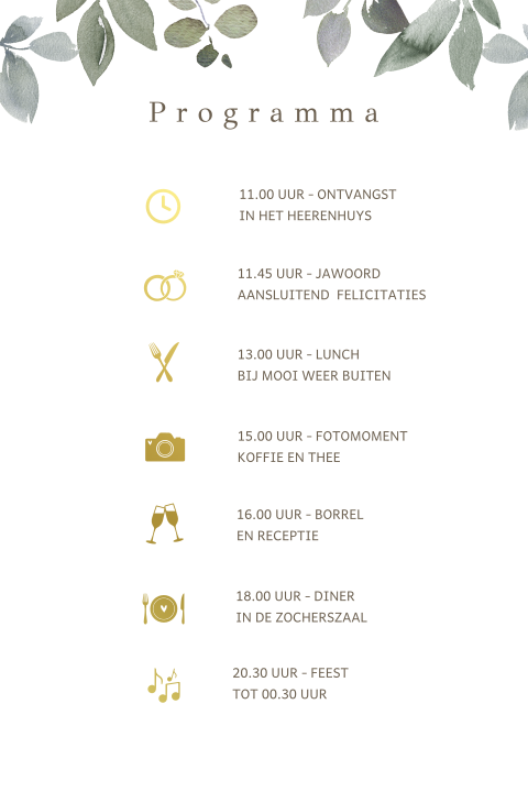 Pocketfold inleg - programma kaartje wit met takjes en foliedruk