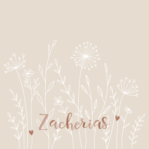 Geboortekaartje op zandkleurige achtergrond, bloemen en bronsfolie