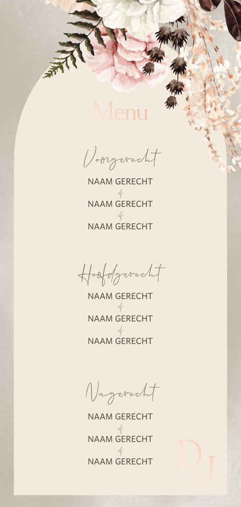 Menukaart met neutrale tinten en bloemen