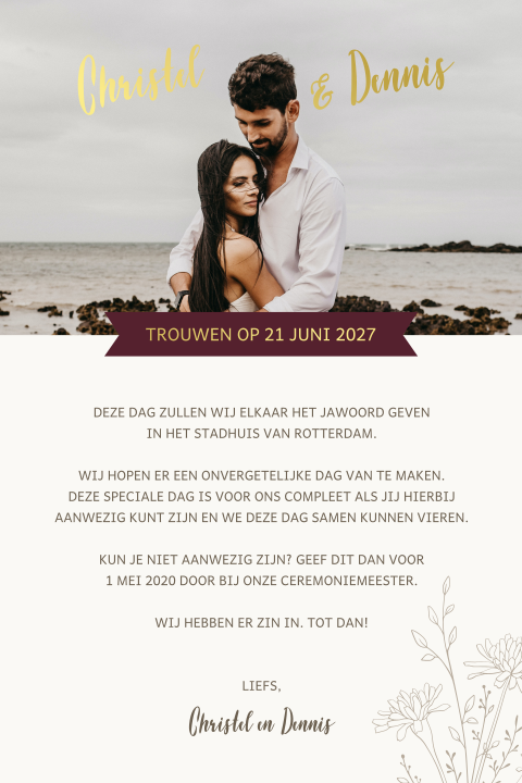 Trouwkaart met foto, bloemen en foliedruk