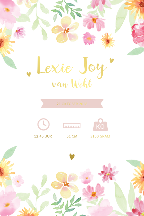 Geboorteposter met vrolijke bloemen en goudfolie