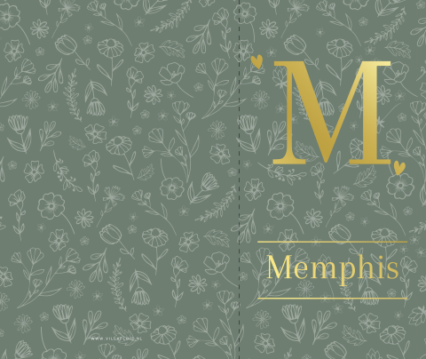 Donkergroen geboortekaartje met smalle voorkant en initiaal van foliedruk