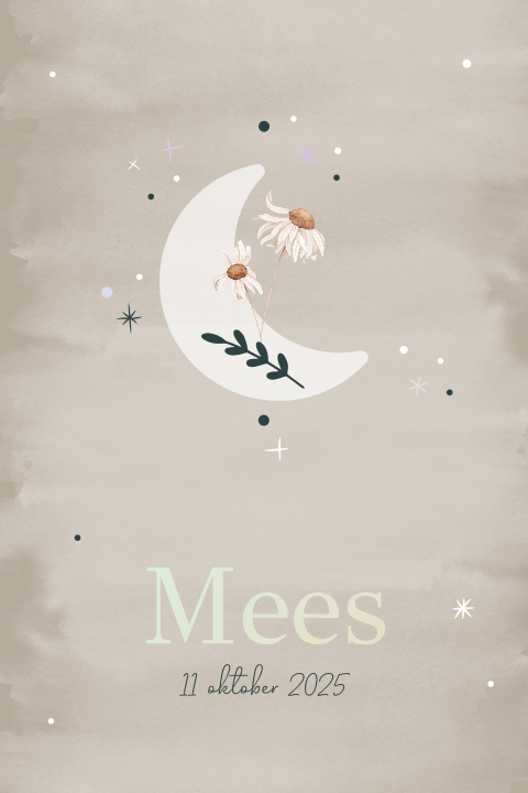 Rechthoekig geboortekaartje met foliedruk, maan en bloemen