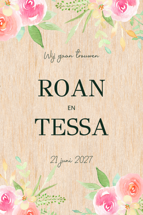 Enkele trouwkaart op echt hout met bloemen