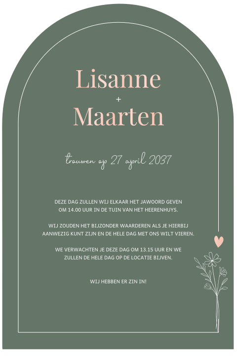 Trouwkaart met boogvorm, bloemen en rose spotlak
