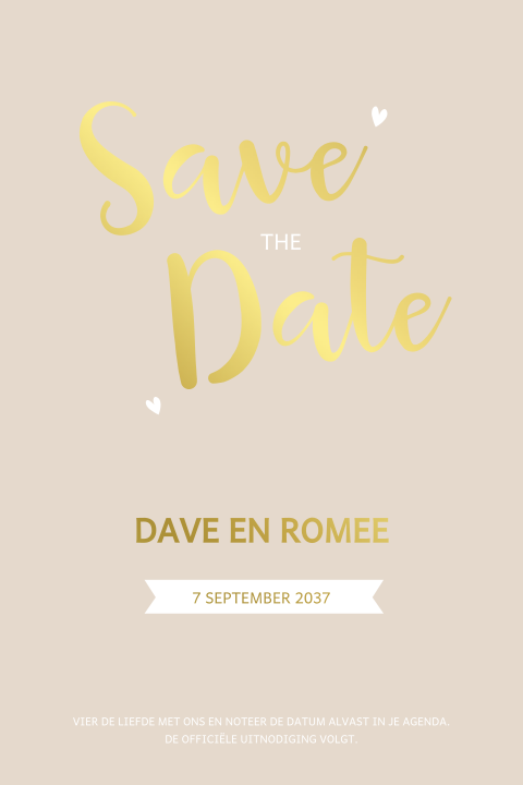 Beige save the date kaart met gouden foliedruk tekst