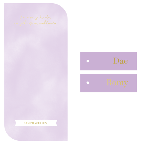 Tweeling geboortekaartje met paarse tinten en losse labeltjes