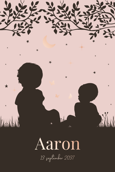 Silhouette geboortekaartje met twee kindjes en de maan