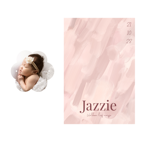 Geboortekaartje met foto in bloemetjesvorm en verfstrepen