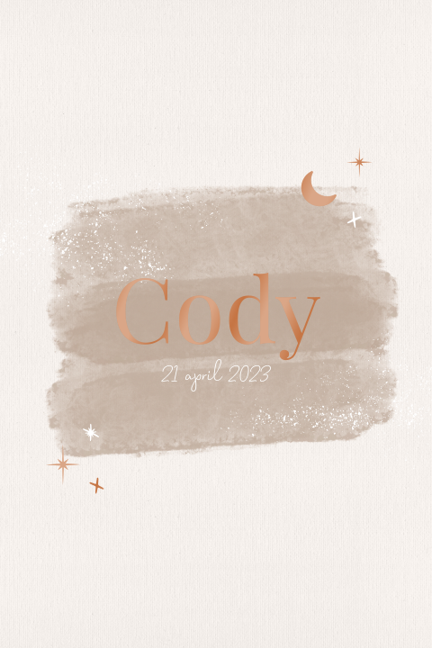 Geboortekaartje met waterverf en koperen maantje